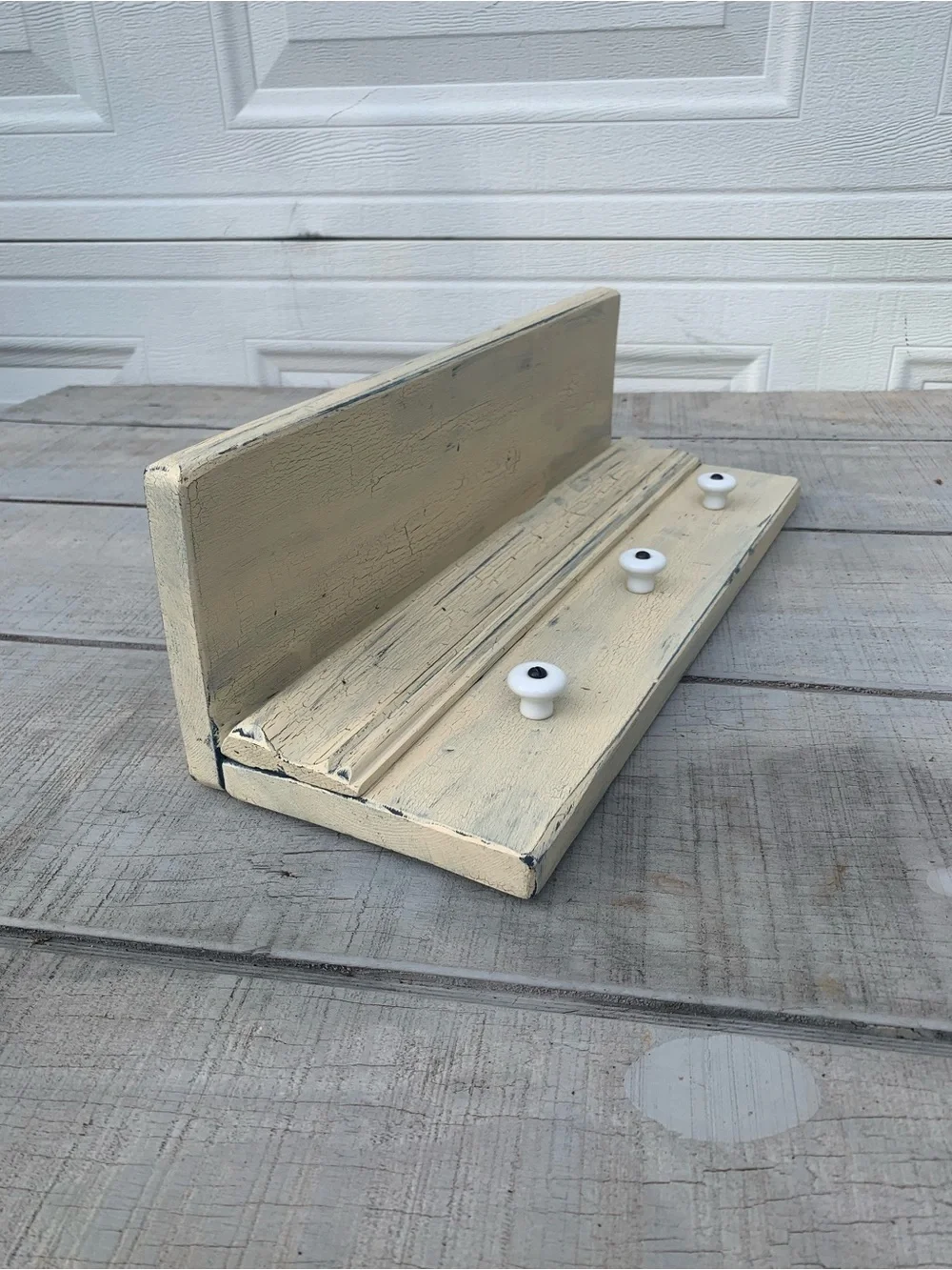 Vintage Farmhouse Wall Shelf with 3 Shaker Pegs Distressed White 17.5” Coat Rack
